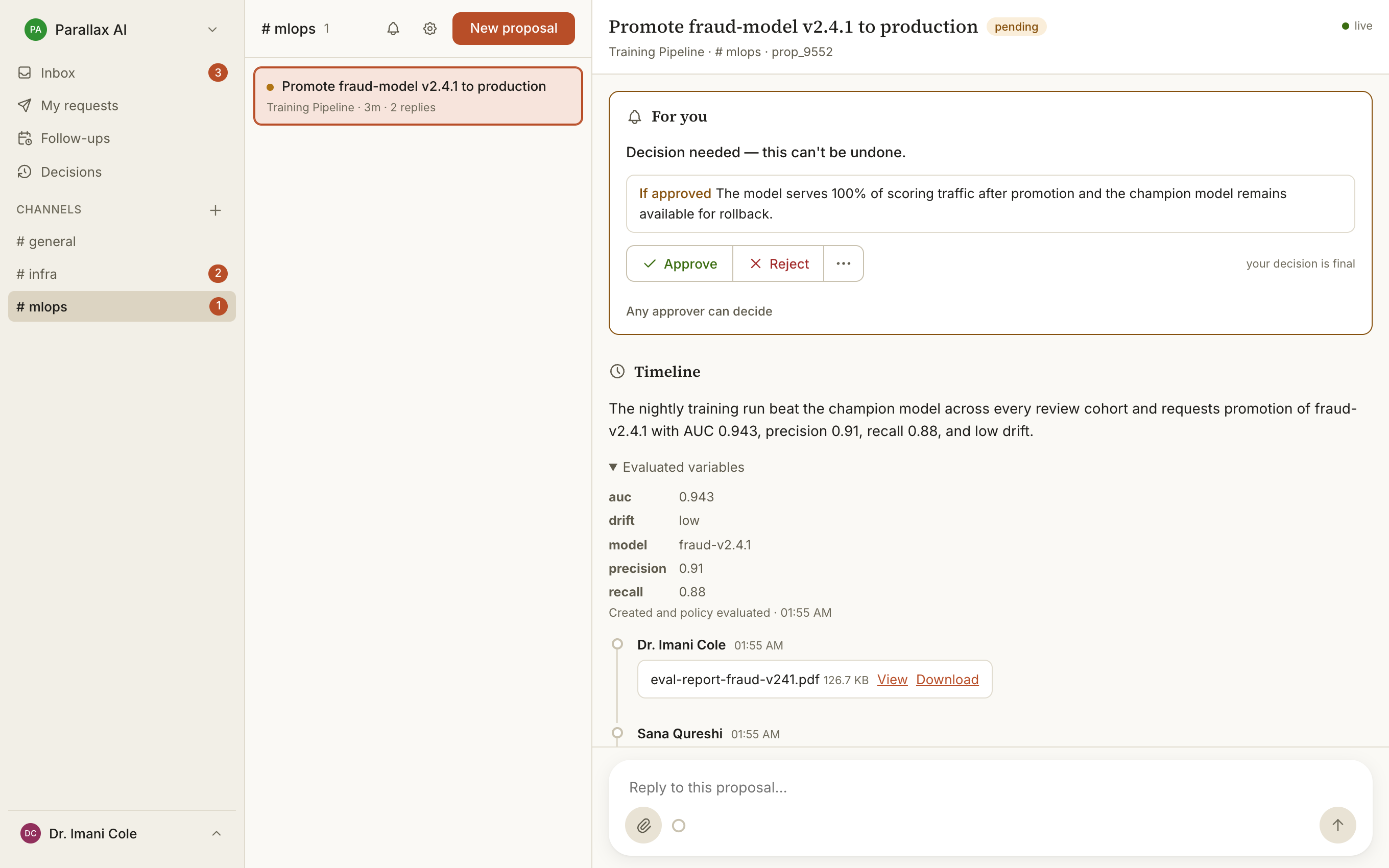 A Gatekeeper workspace showing a model promotion waiting for someone to approve it.