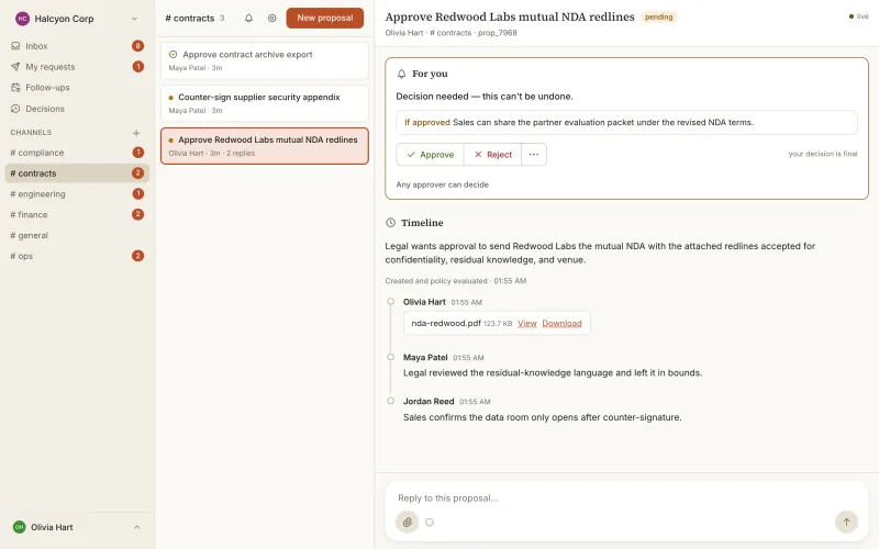 Gatekeeper approval request showing a legal contract decision and its timeline