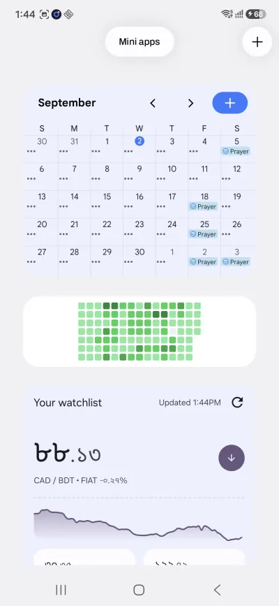 Orvia mini apps board with a calendar and watchlist