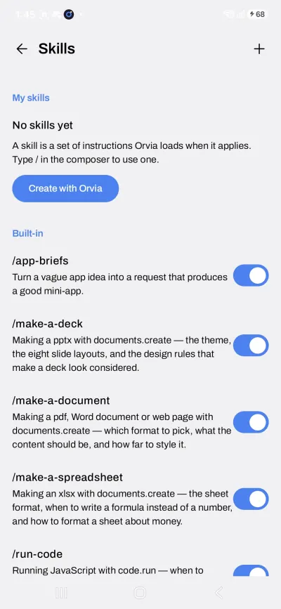 Orvia skills screen