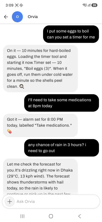 Orvia conversation setting timers, reminders, and checking the weather